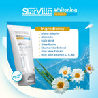 Refect Beauty StarVille Whitening Facial Cleanser tube with ingredients list and chamomile flowers on blue background