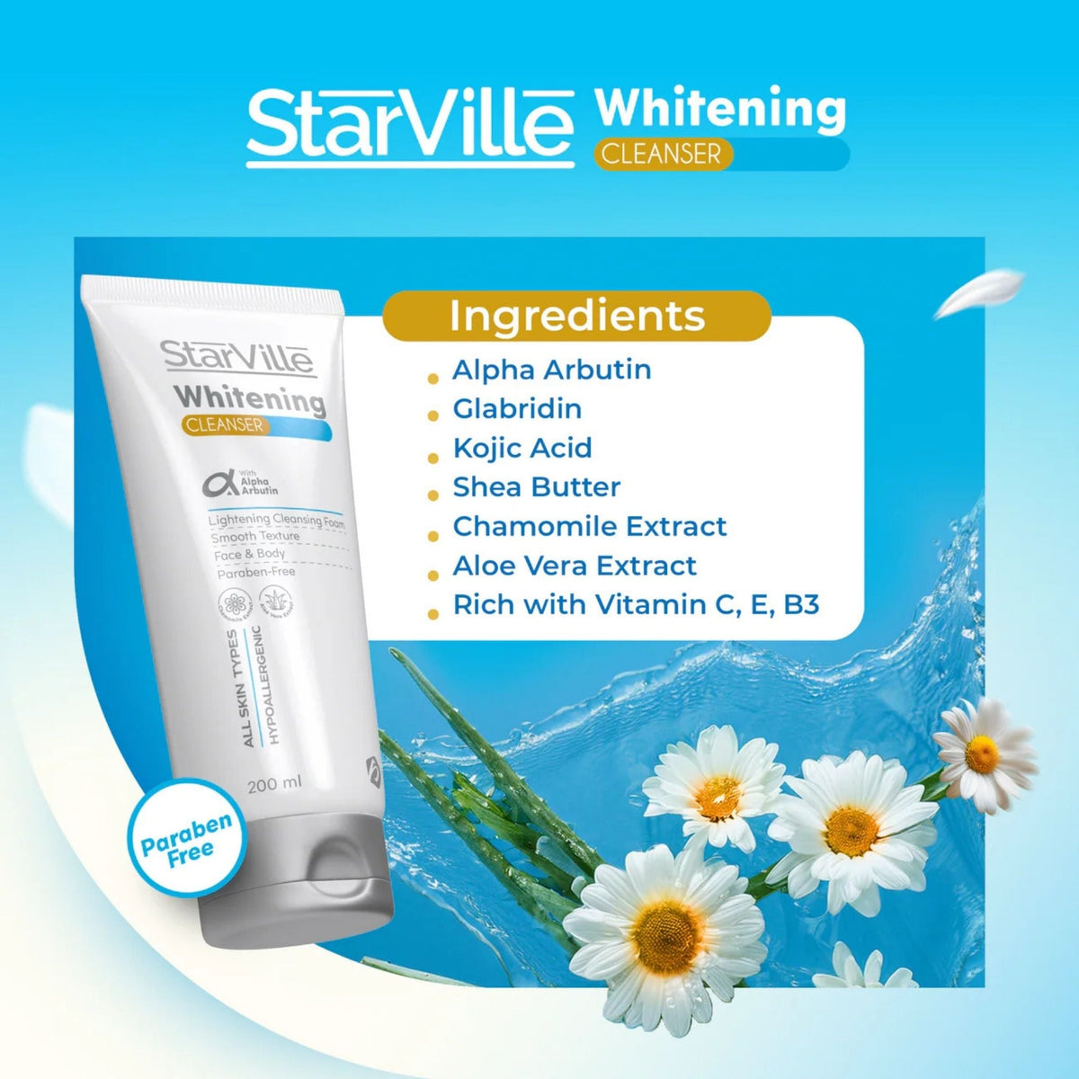 Refect Beauty StarVille Whitening Facial Cleanser tube with ingredients list and chamomile flowers on blue background
