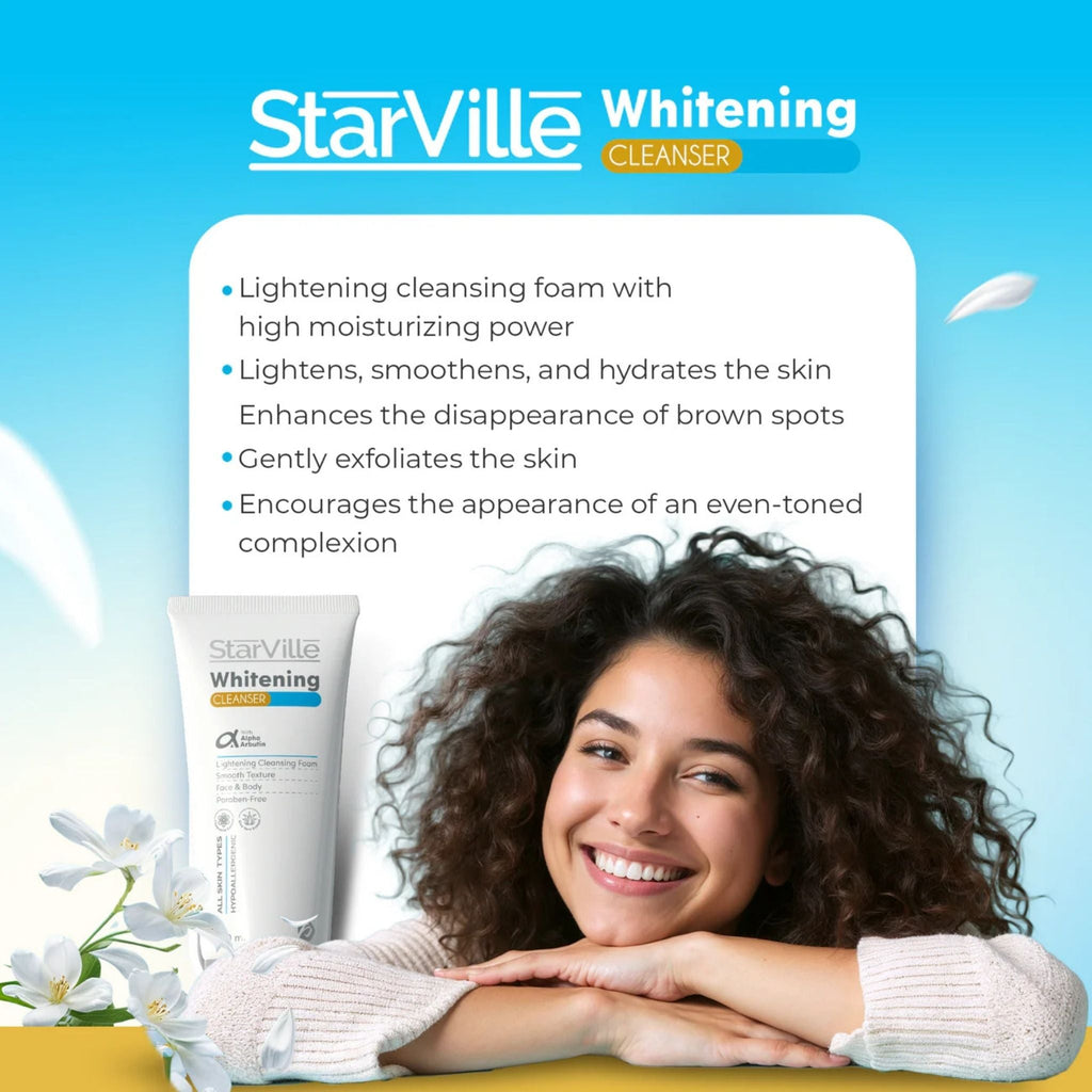 Refect Beauty StarVille Whitening Facial Cleanser with a smiling woman promoting skin brightening and hydration