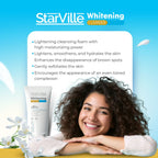 Refect Beauty StarVille Whitening Facial Cleanser with a smiling woman promoting skin brightening and hydration
