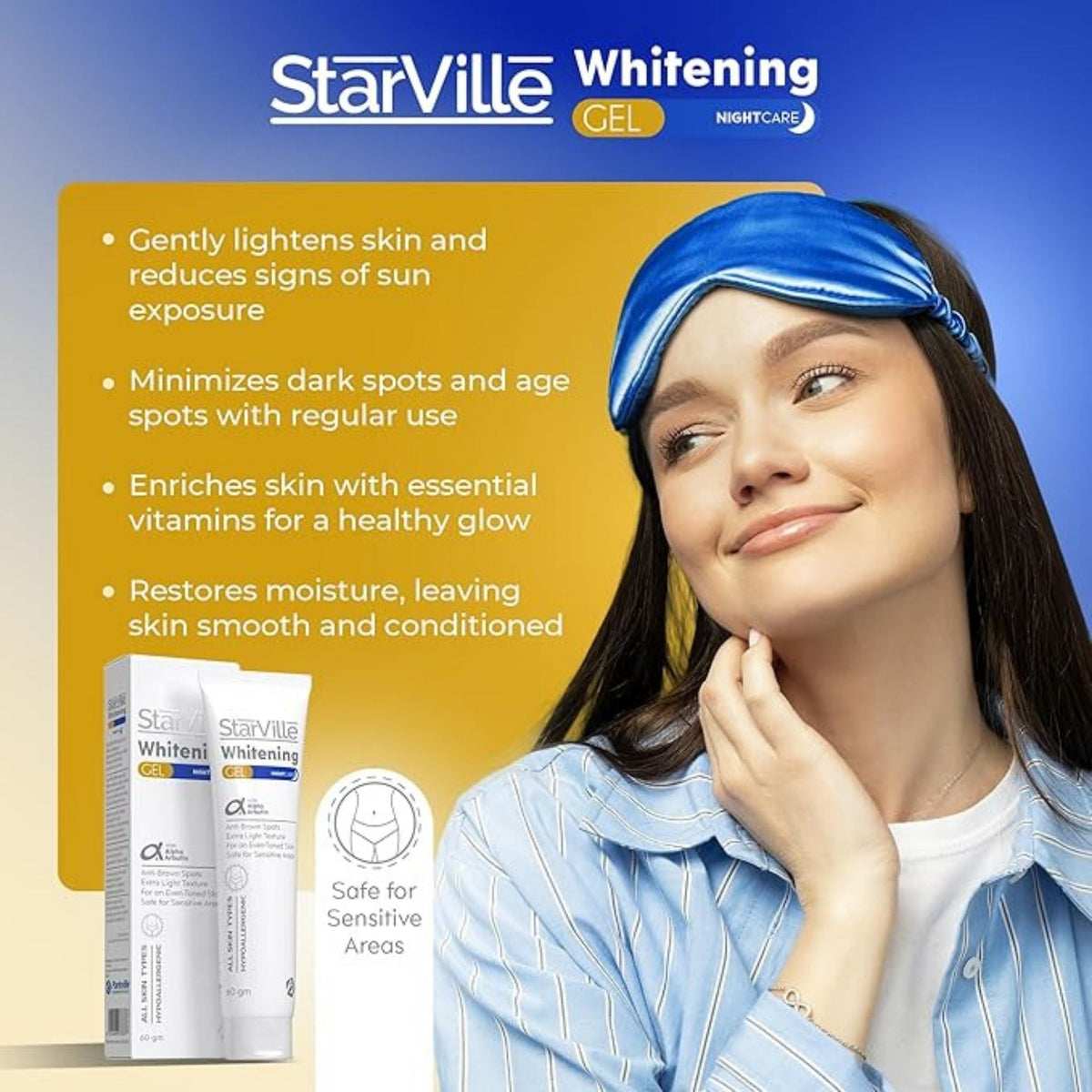 Refect Beauty StarVille whitening gel for sensitive areas with a woman wearing a blue silk sleep mask