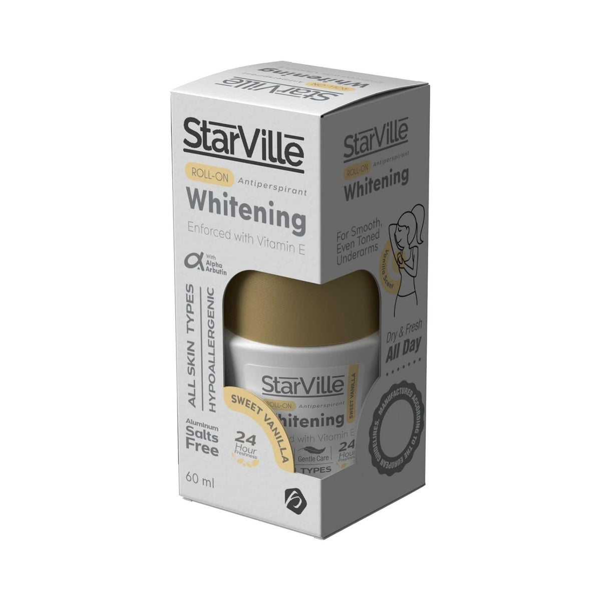 Refect Beauty StarVille Whitening Roll On Sweet Vanilla antiperspirant deodorant in its white and gold packaging.