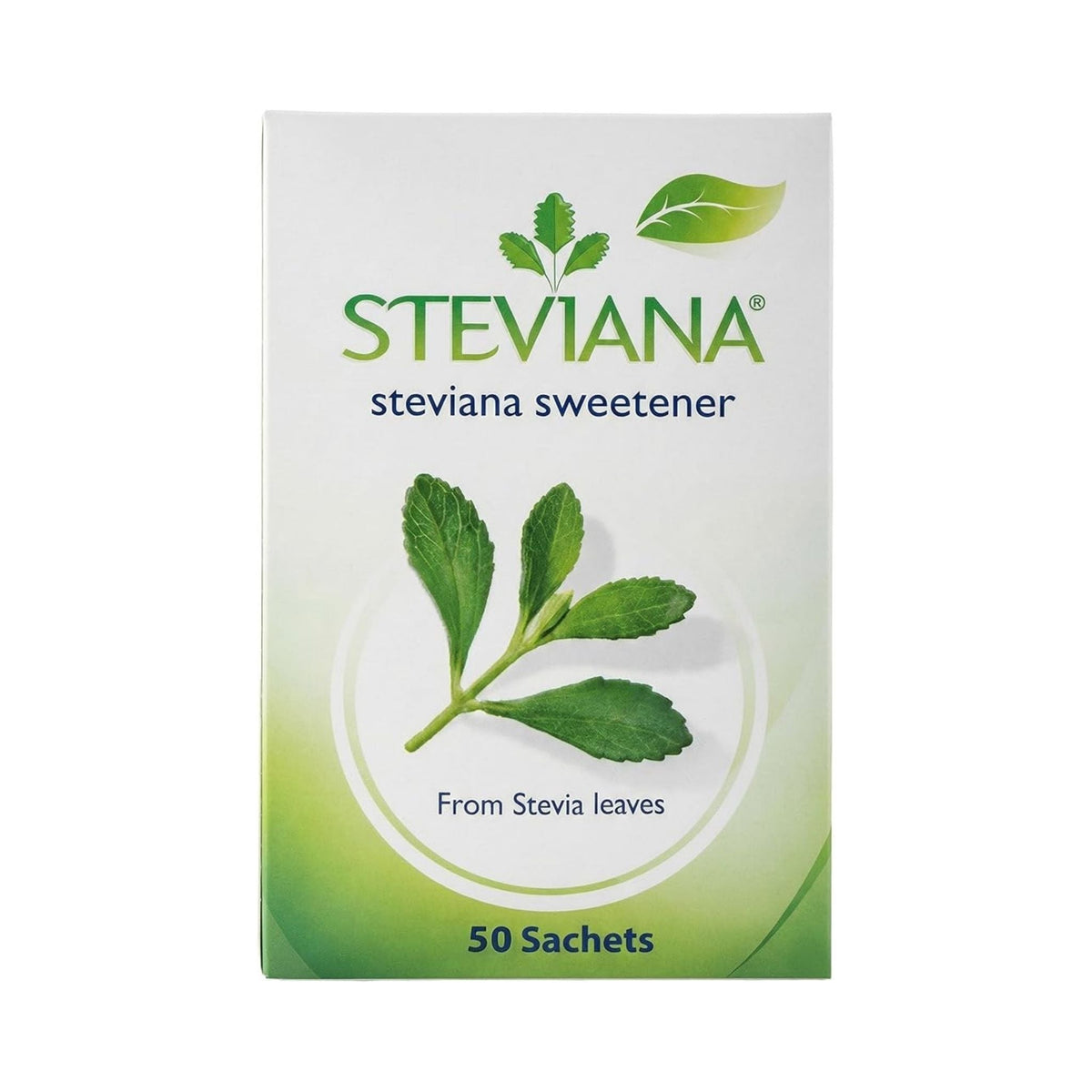 Refect Beauty Steviana natural sweetener box with 50 sachets, featuring green stevia leaf graphics on white packaging.