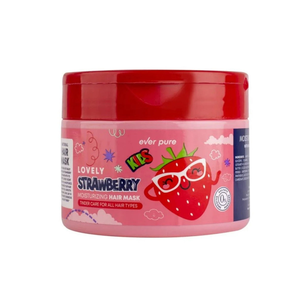 Refect Beauty Ever Pure strawberry moisturizing hair mask in a pink jar with a red lid for kids