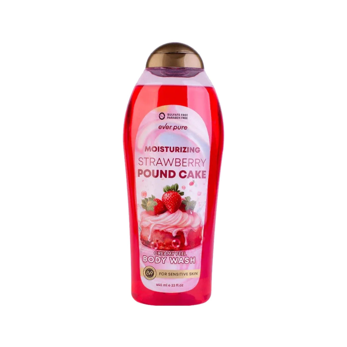 Refect Beauty Ever Pure Strawberry Pound Cake moisturizing body wash in a red bottle with a gold cap.
