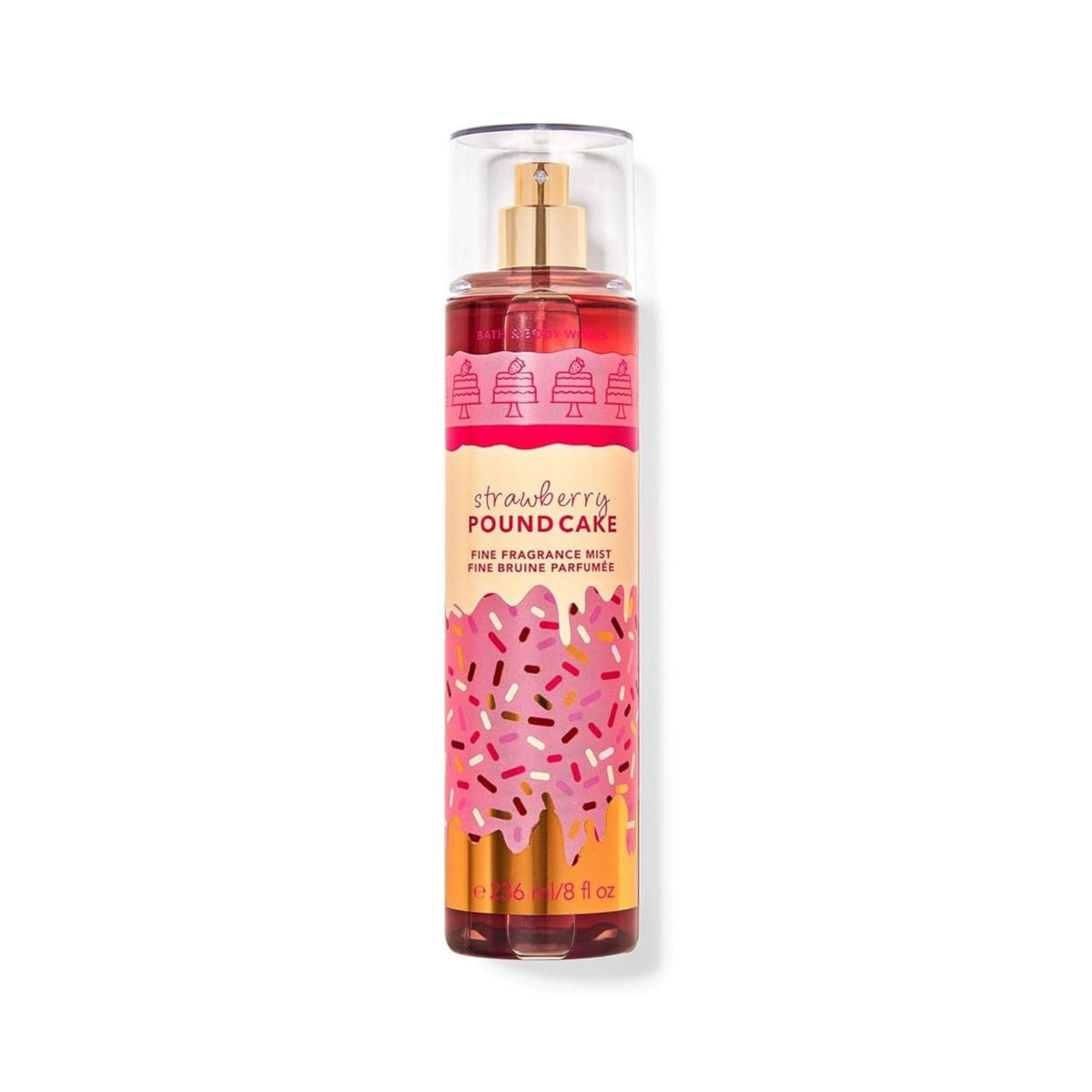 Refect Beauty Bath & Body Works Strawberry Pound Cake fine fragrance mist in a clear bottle with pink cake graphics.