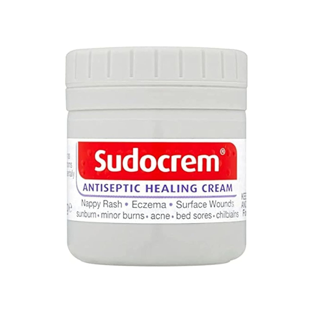 Refect Beauty Sudocrem antiseptic healing cream in a white plastic tub for treating skin irritations and rashes.