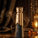 Refect Beauty Sultan The Founder unisex perfume bottle with a gold crown cap, dark matte base, and smoky background.