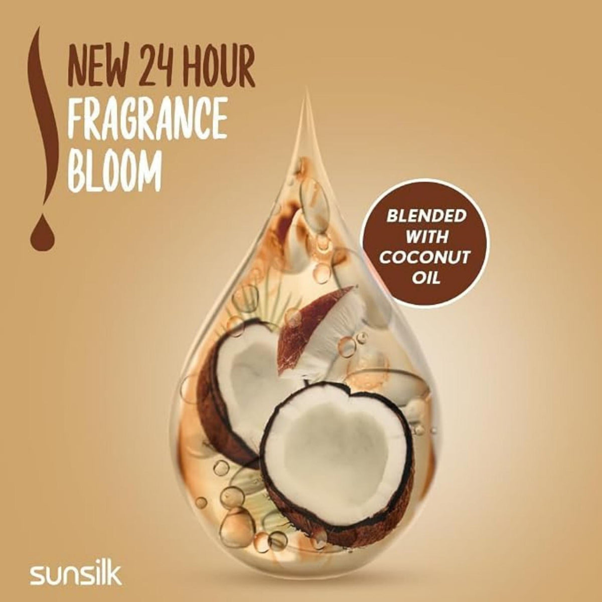 Refect Beauty Sunsilk hair oil drop graphic featuring coconut oil slices and 24-hour fragrance bloom text