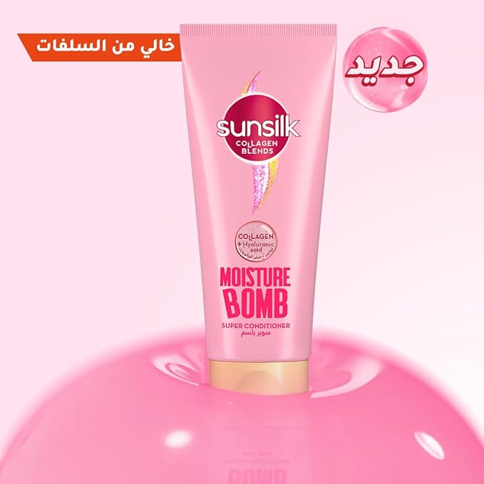 Refect Beauty Sunsilk Collagen Blends Moisture Bomb sulfate-free super conditioner in a pink tube with liquid splash