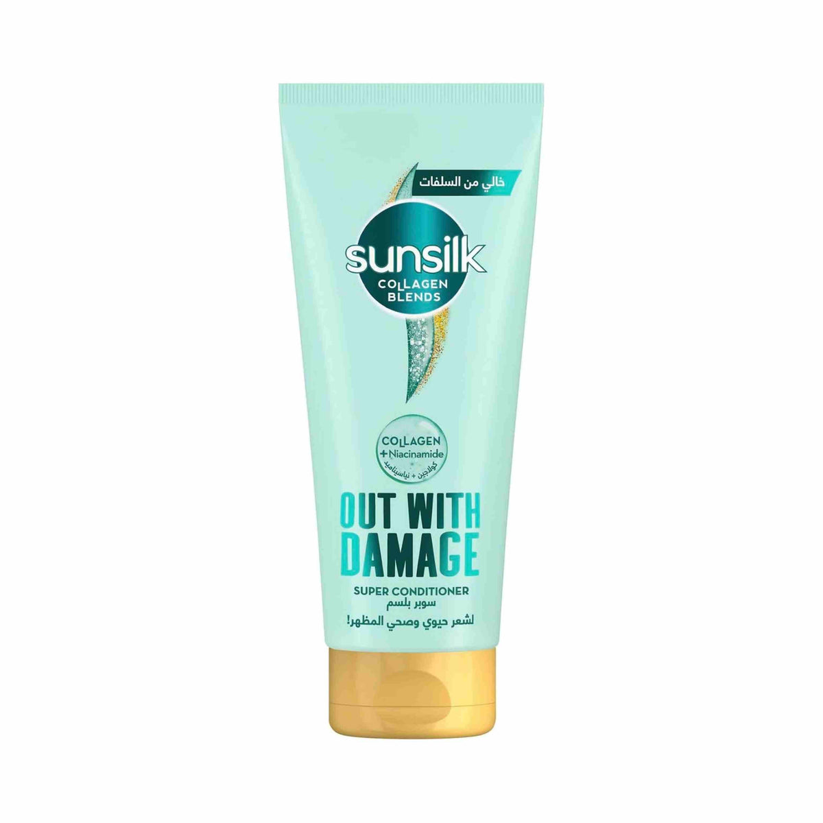 Refect Beauty Sunsilk Collagen Blends Out With Damage Super Conditioner in a light blue tube with a gold cap.