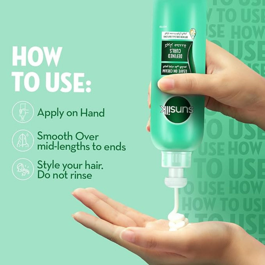 Refect Beauty Sunsilk Defined Curls leave-in cream being dispensed onto a hand with usage instructions on background