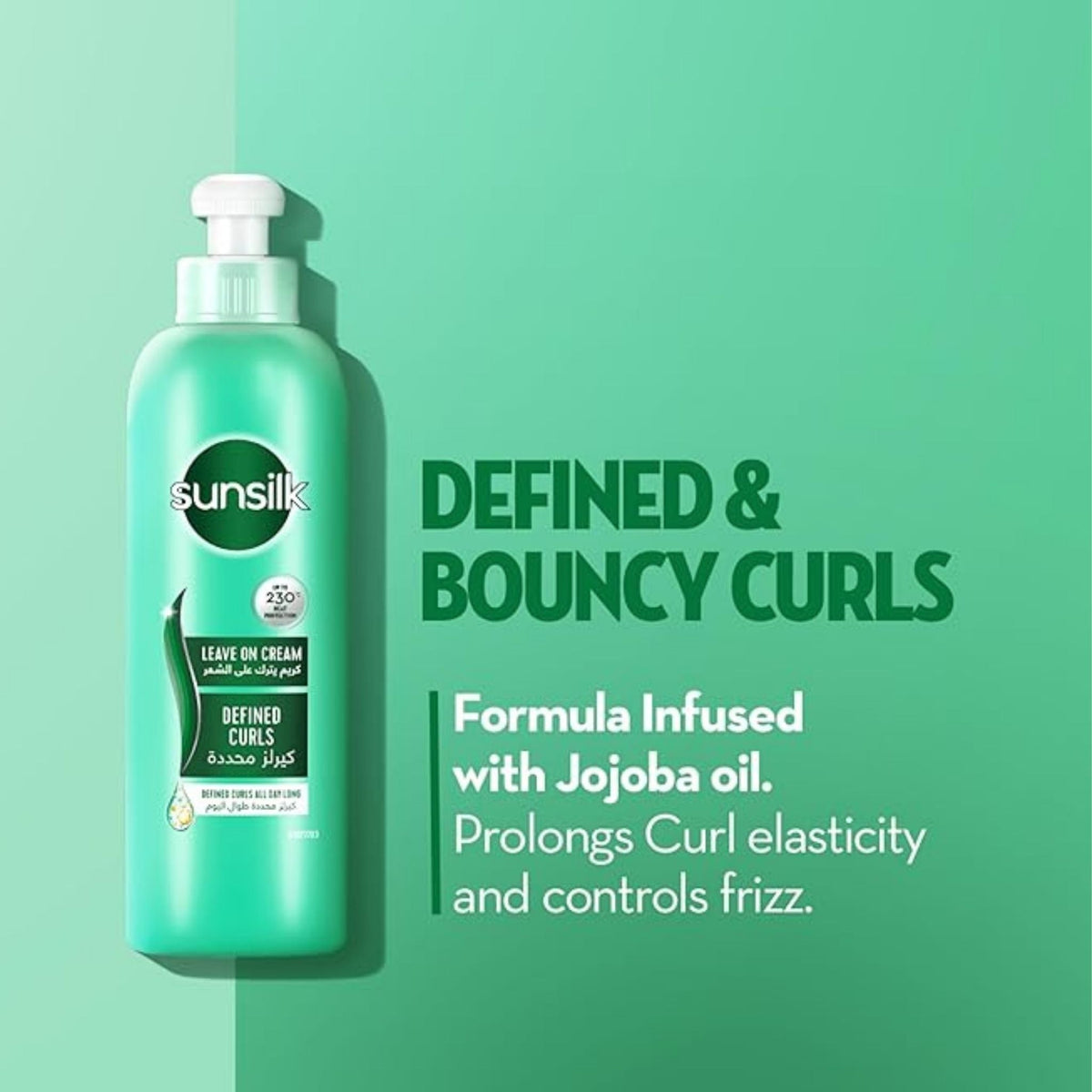 Refect Beauty Sunsilk Defined Curls leave-on hair cream bottle in a green background with curl definition benefits.