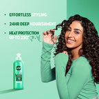 Refect Beauty Sunsilk Defined Curls leave-in cream bottle next to a smiling woman with voluminous curly hair