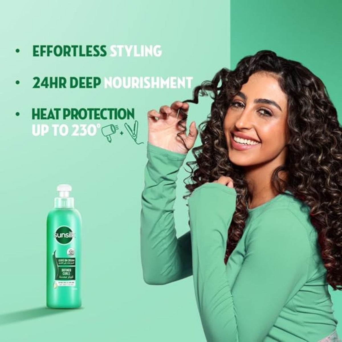 Refect Beauty Sunsilk Defined Curls leave-in cream bottle next to a smiling woman with voluminous curly hair
