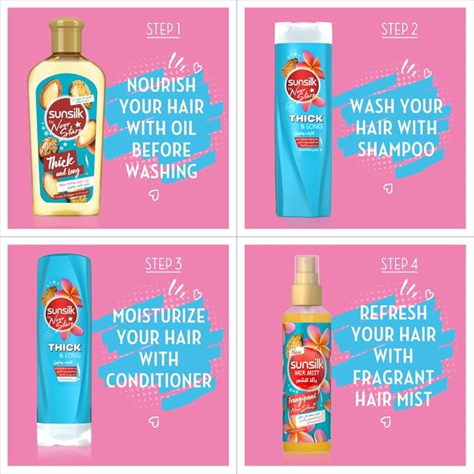 Refect Beauty Sunsilk hair care routine infographic showing oil, shampoo, conditioner, and hair mist steps.