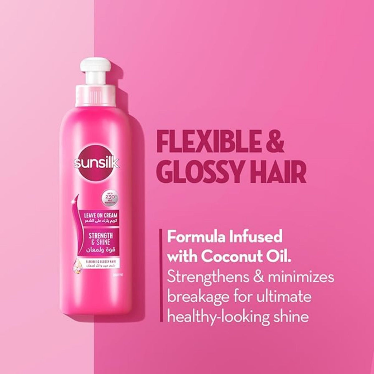 Refect Beauty Sunsilk Strength & Shine leave-in hair cream in a pink pump bottle for smooth and glossy hair