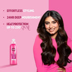 Refect Beauty Sunsilk Strength & Shine leave-on hair cream bottle next to a woman with long, healthy, wavy hair.
