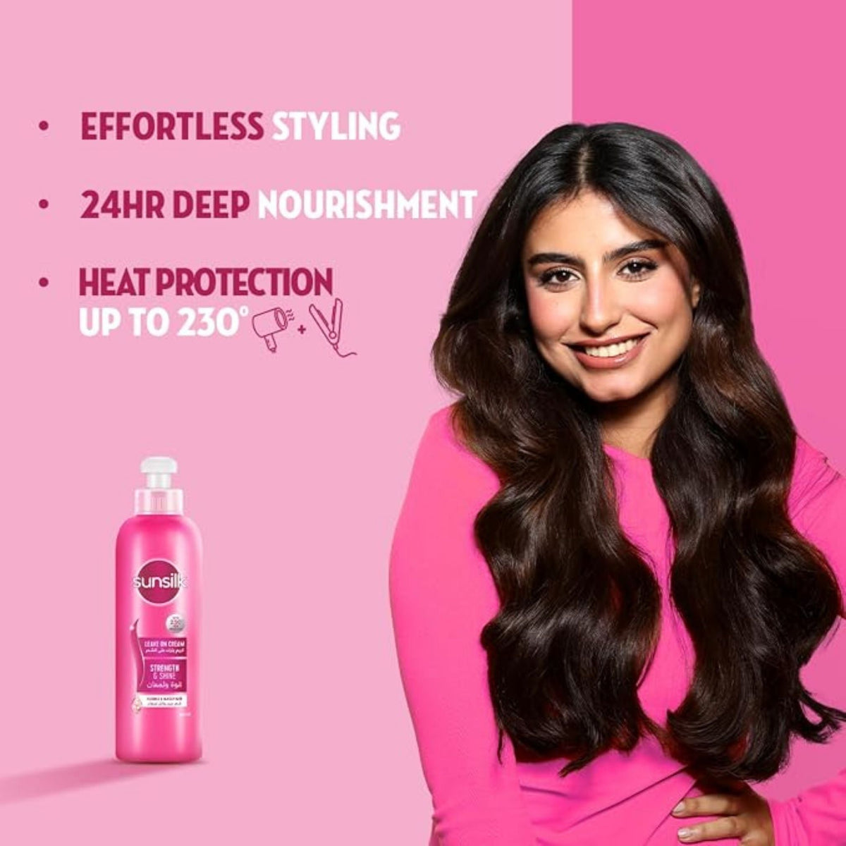 Refect Beauty Sunsilk Strength & Shine leave-on hair cream bottle next to a woman with long, healthy, wavy hair.