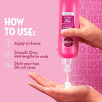 Refect Beauty Sunsilk Strength & Shine leave-on hair cream being applied to hand with usage instructions on background