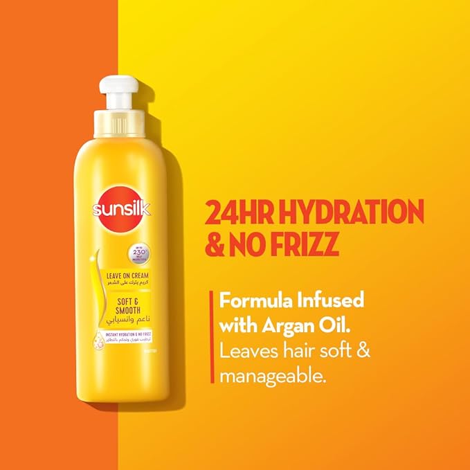 Refect Beauty Sunsilk Soft & Smooth leave-on hair cream bottle with argan oil for 24-hour hydration and frizz control.