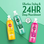 Refect Beauty Sunsilk leave-on hair cream bottles in yellow, green, and pink for curl definition and nourishment.