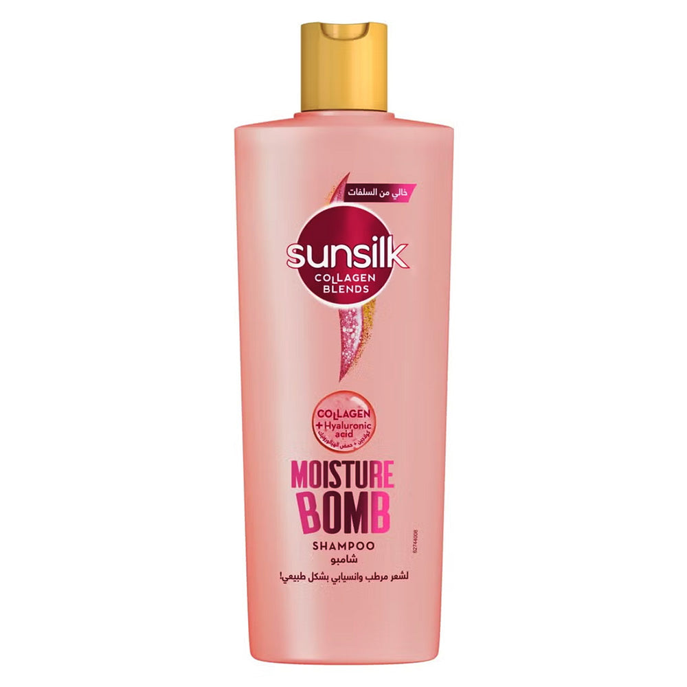 Refect Beauty Sunsilk Moisture Bomb hydrating shampoo in a pink bottle with collagen and hyaluronic acid formula.