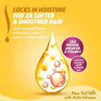 Refect Beauty Sunsilk Soft & Smooth shampoo advertisement featuring silk protein, argan oil, and vitamin C ingredients.