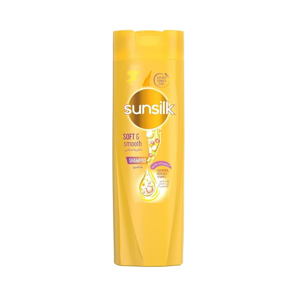 Refect Beauty Sunsilk Soft & Smooth shampoo bottle in yellow packaging with silk protein, argan oil, and vitamin C.
