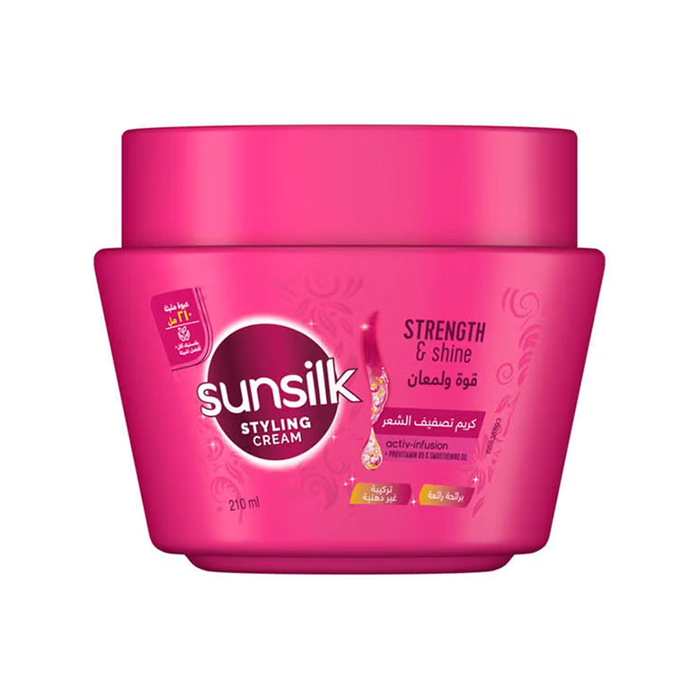 Refect Beauty Sunsilk Strength & Shine styling cream in a vibrant pink 210ml jar for smooth and frizz-free hair.