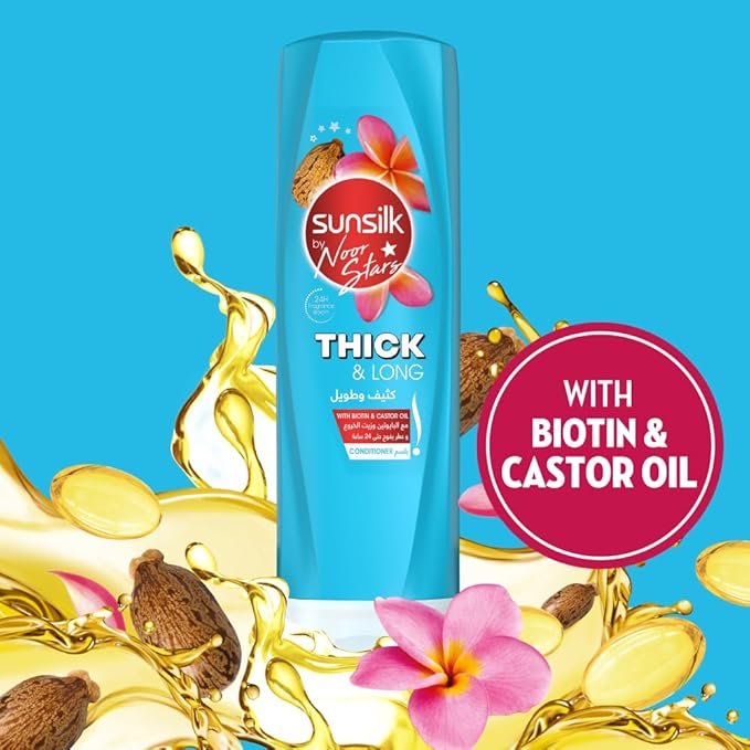 Refect Beauty Sunsilk Thick & Long conditioner bottle with biotin and castor oil, featuring floral and oil splashes.