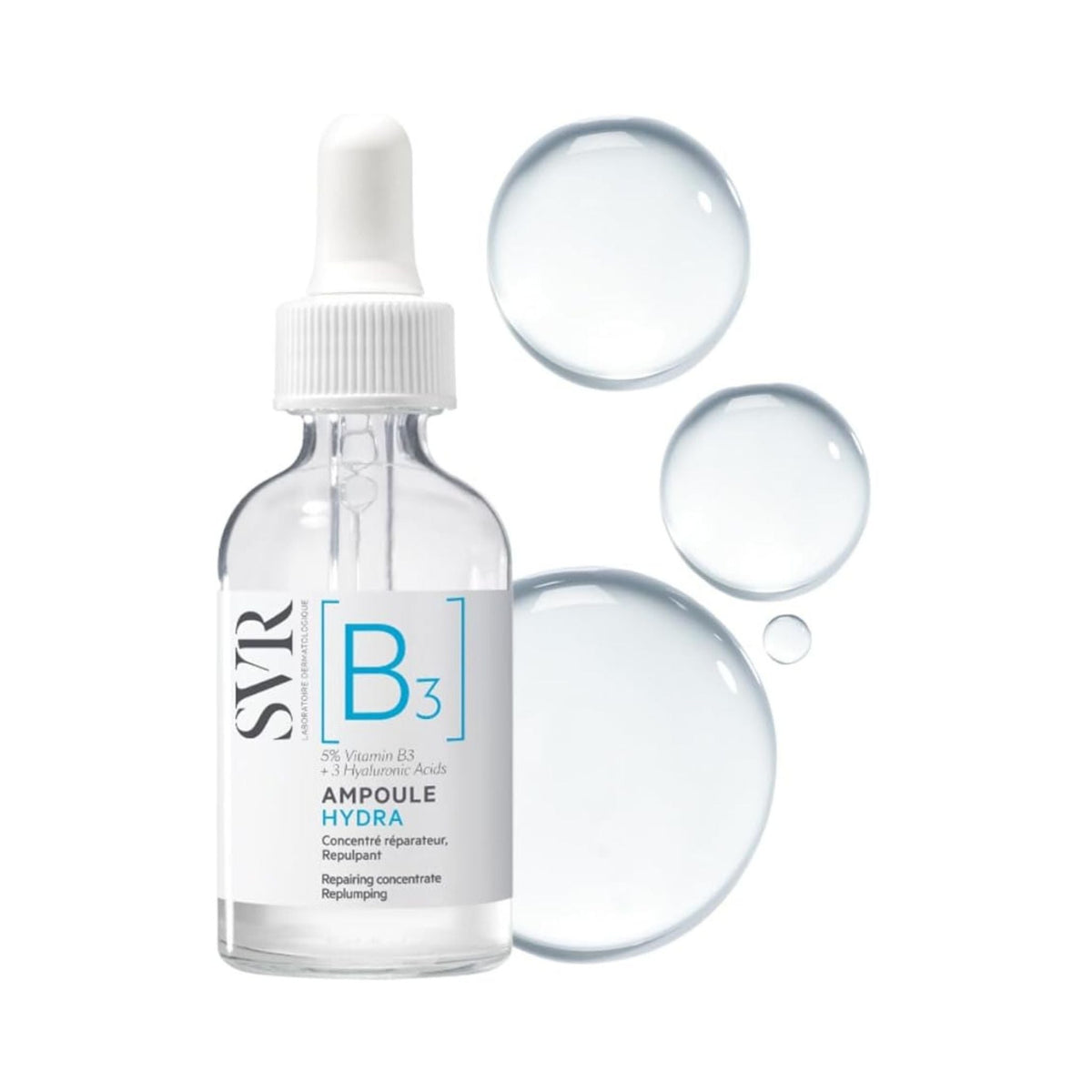 Refect Beauty SVR Ampoule Hydra Vitamin B3 serum bottle with dropper and water droplets on a white background