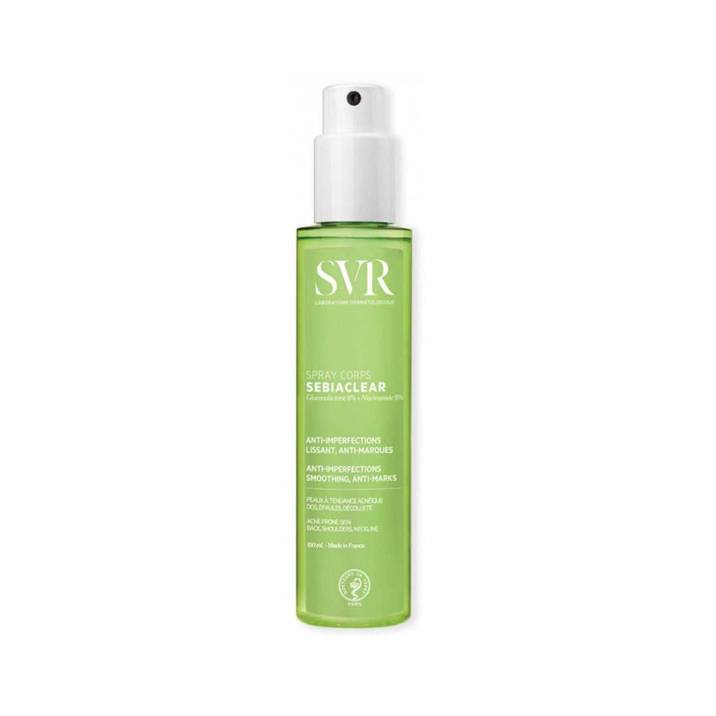 Refect Beauty SVR Sebiaclear body spray in a green bottle for treating acne and blemishes on back and shoulders