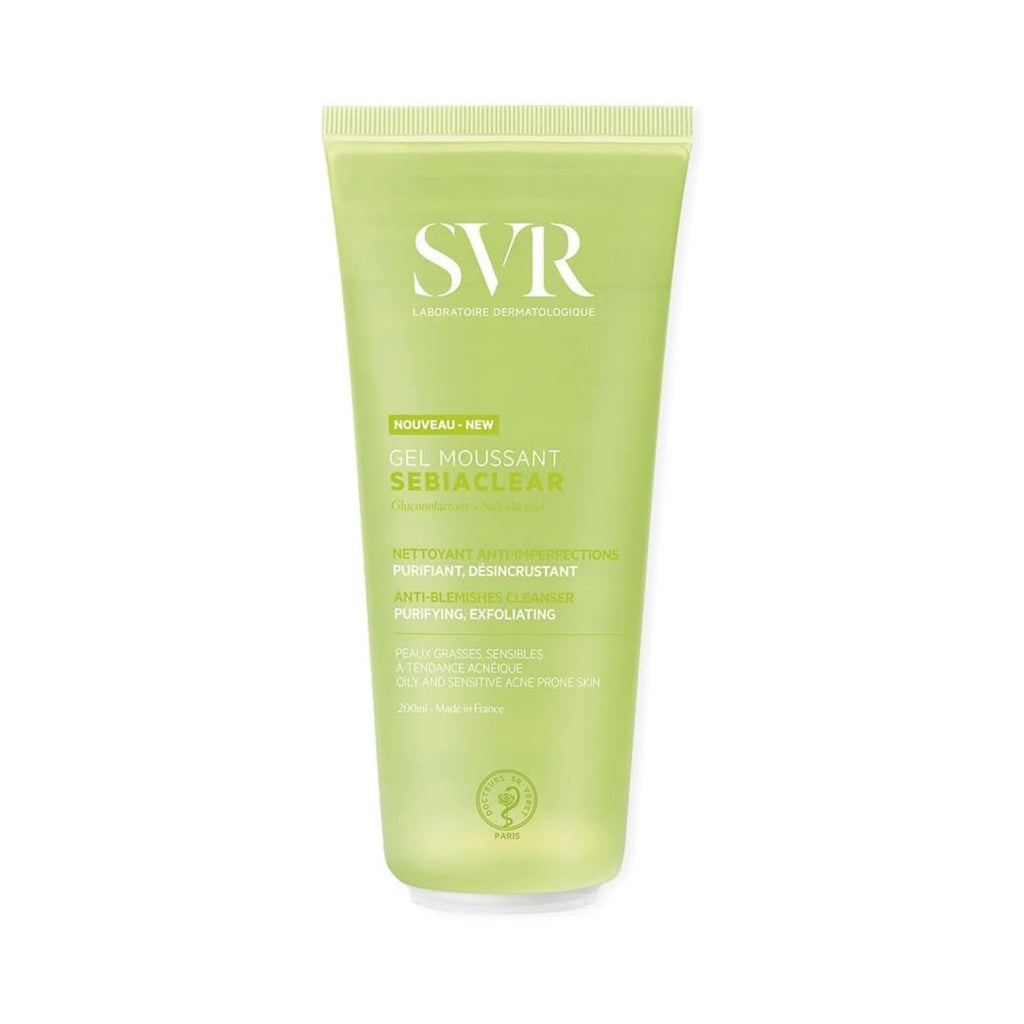 Refect Beauty SVR Sebiaclear Gel Moussant foaming facial cleanser in a light green 200ml tube for acne-prone skin