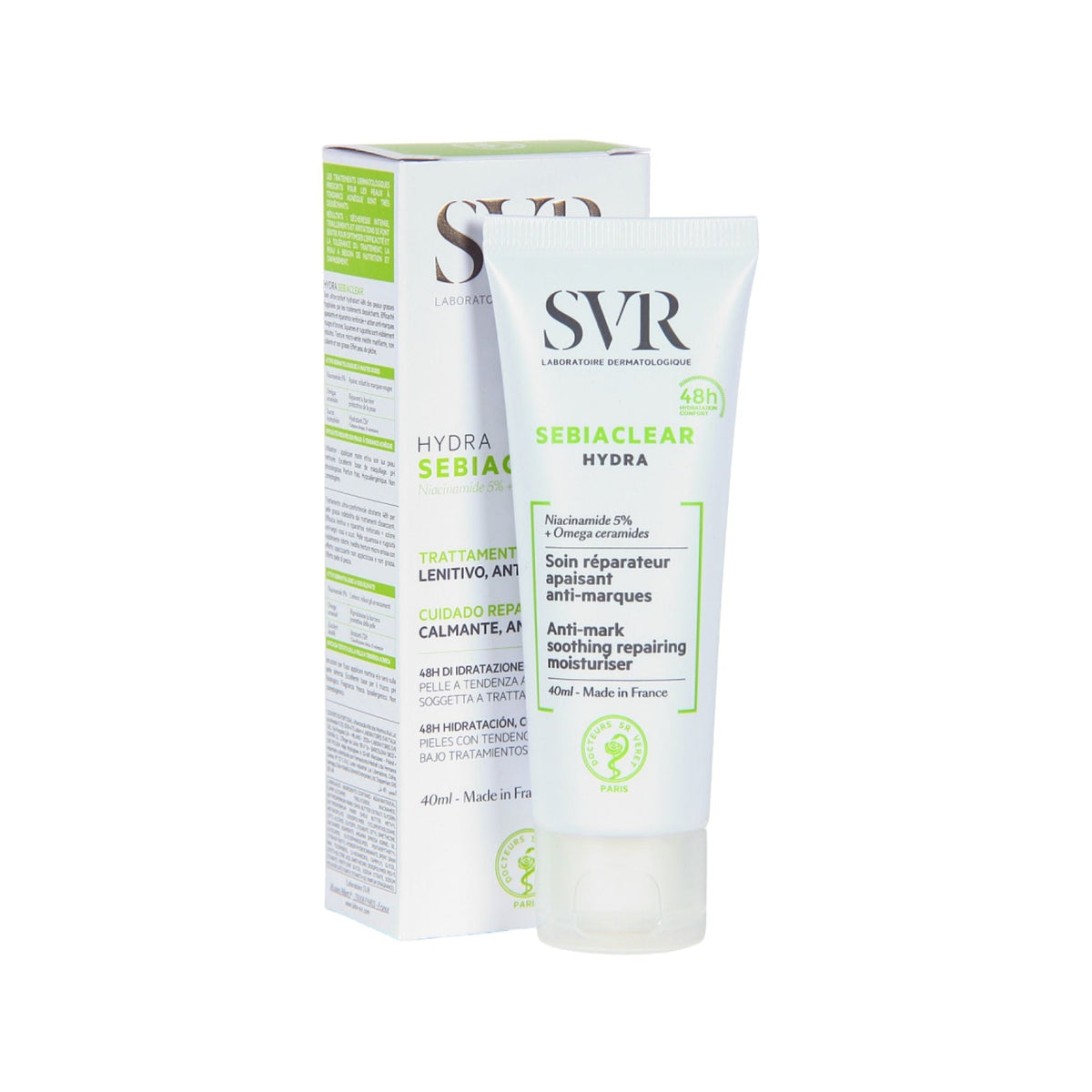 Refect Beauty SVR Sebiaclear Hydra soothing repairing moisturizer for acne-prone skin in a white tube and box.