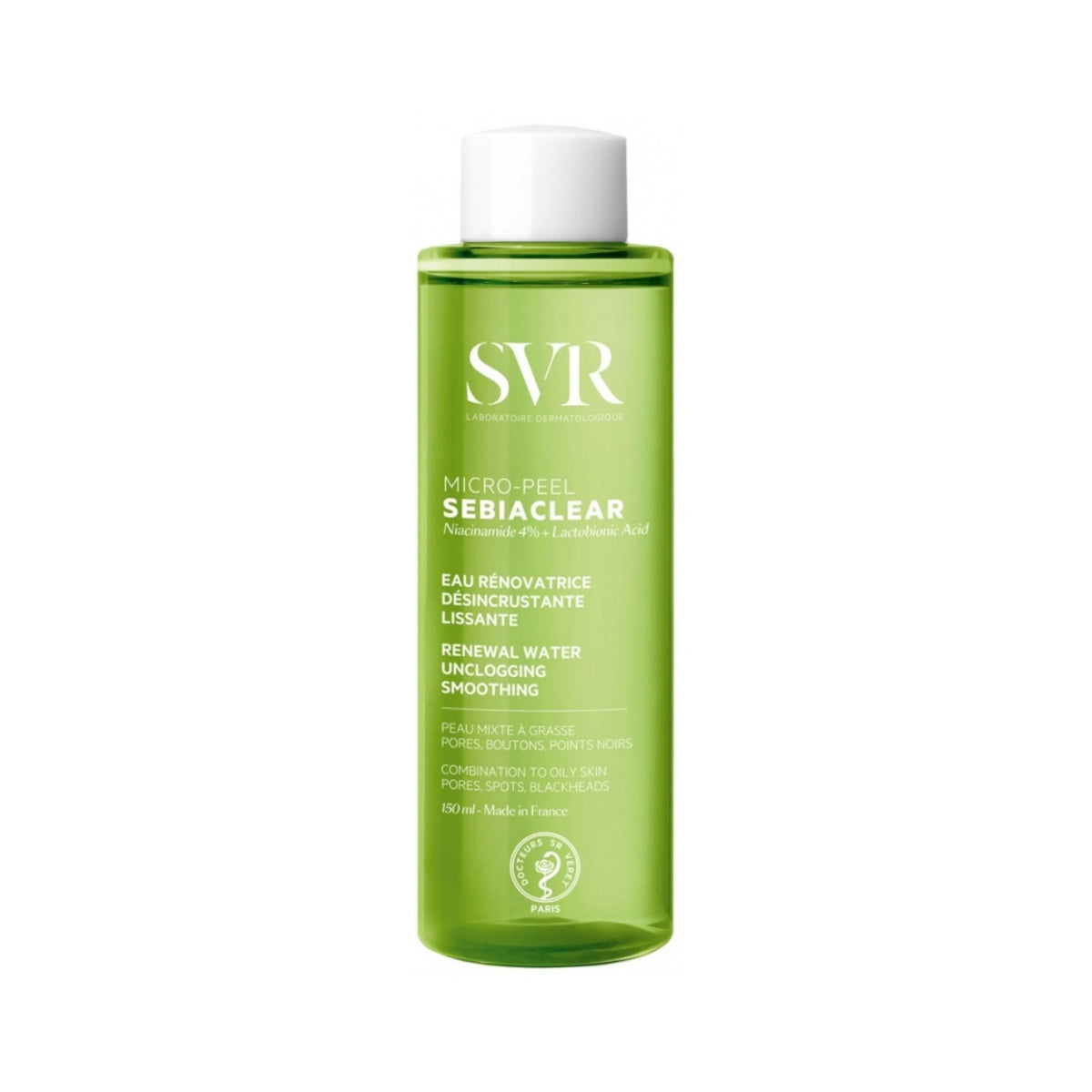 Refect Beauty SVR Sebiaclear Micro-Peel exfoliating renewal water in a green bottle for oily and acne-prone skin.