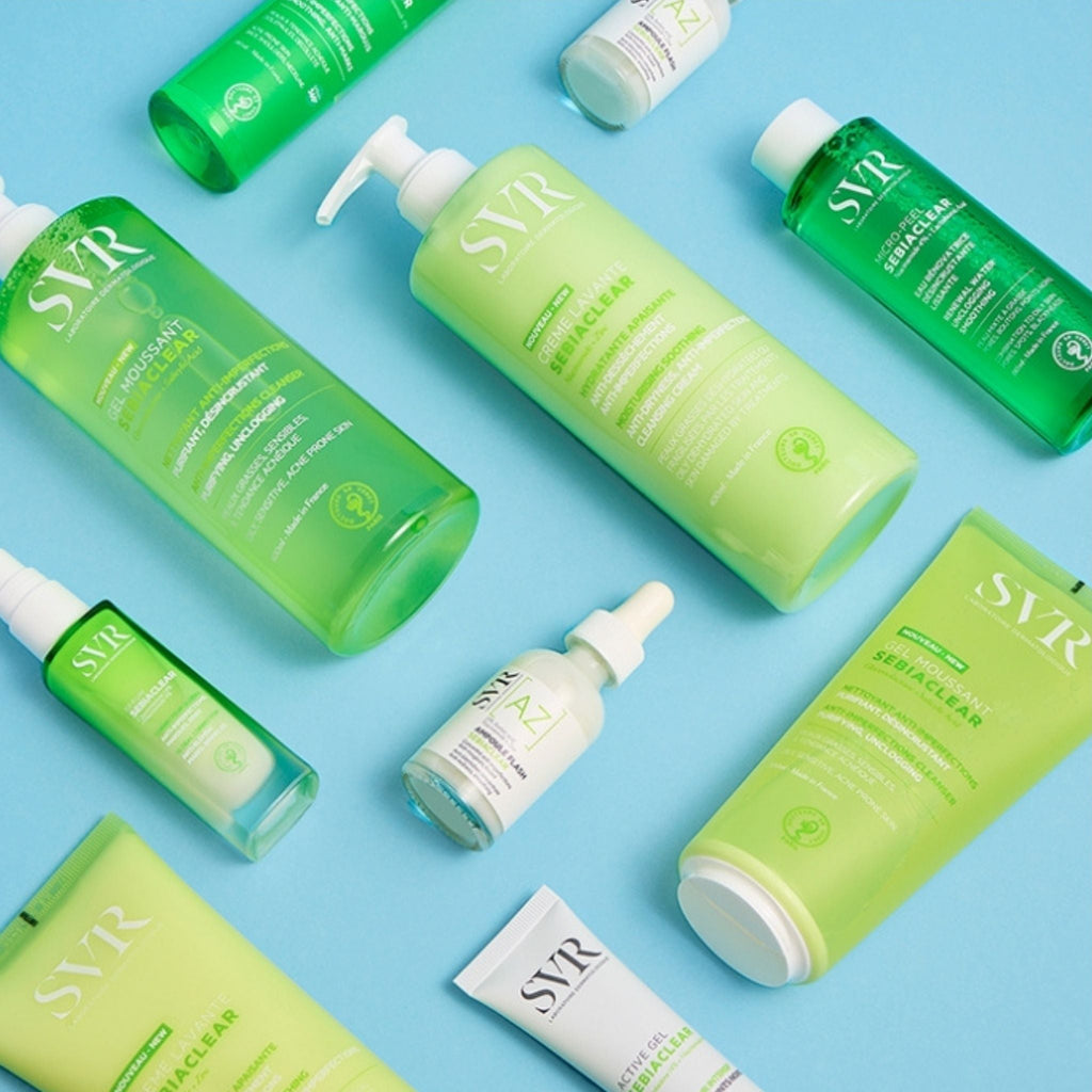 Refect Beauty collection of SVR Sebiaclear skincare products in green packaging arranged on a light blue background