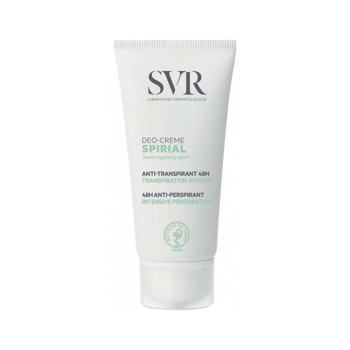 Refect Beauty SVR Spirial 48H intense anti-perspirant deo-cream in a white squeeze tube for sensitive skin.