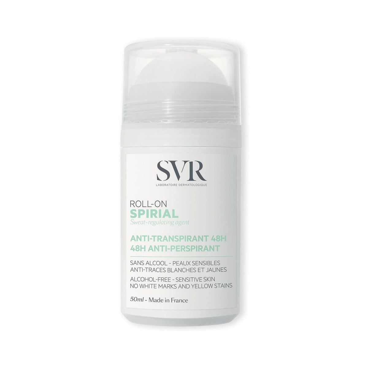 Refect Beauty SVR Spirial 48H roll-on anti-perspirant deodorant for sensitive skin in a white 50ml bottle
