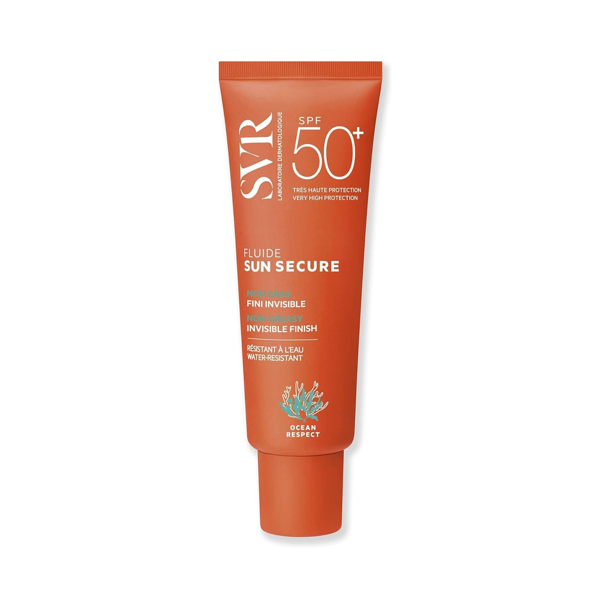 Refect Beauty SVR Sun Secure Fluide SPF 50+ facial sunscreen in an orange squeeze tube for high sun protection.