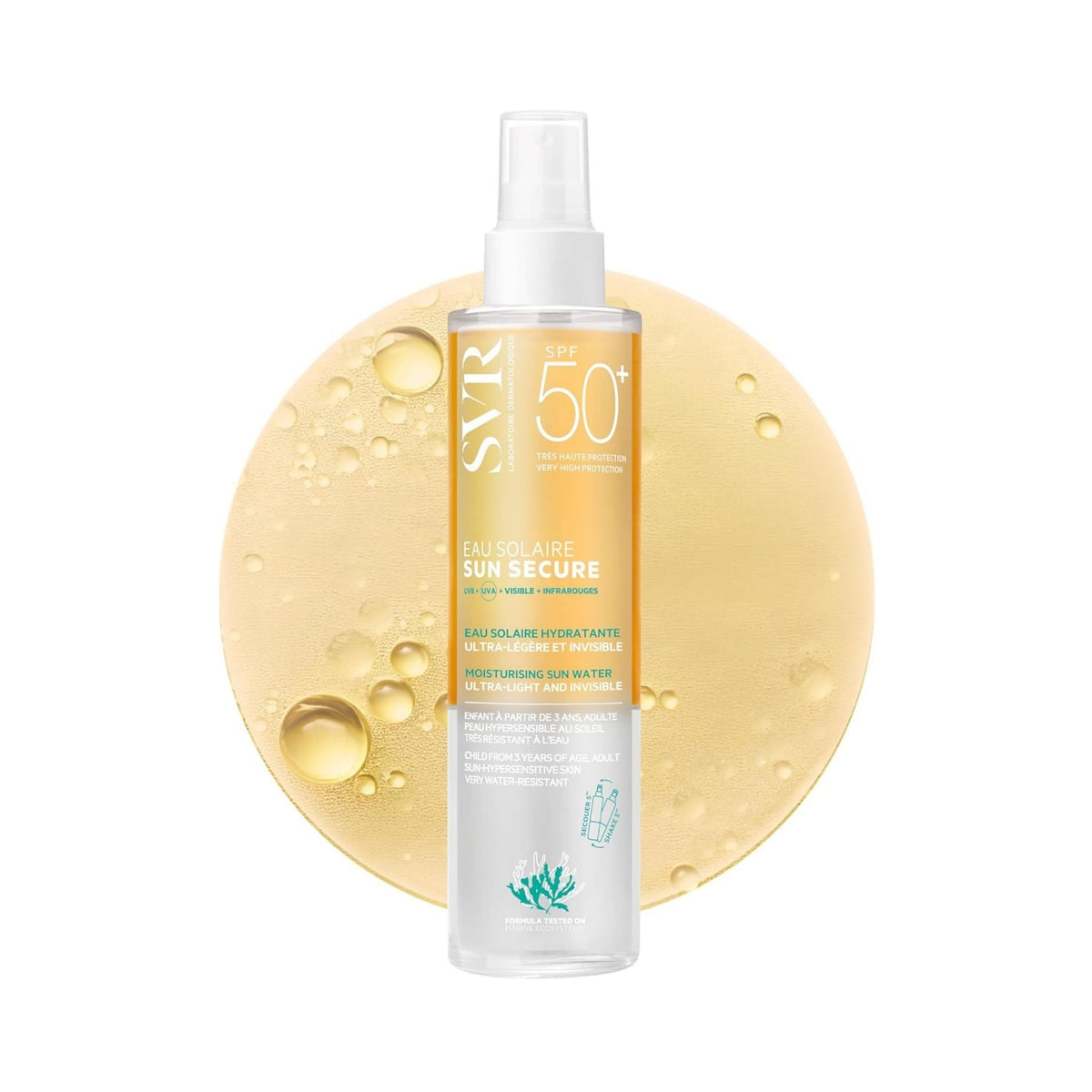 Refect Beauty SVR Sun Secure Eau Solaire SPF 50+ bi-phase sun protection mist in a clear spray bottle