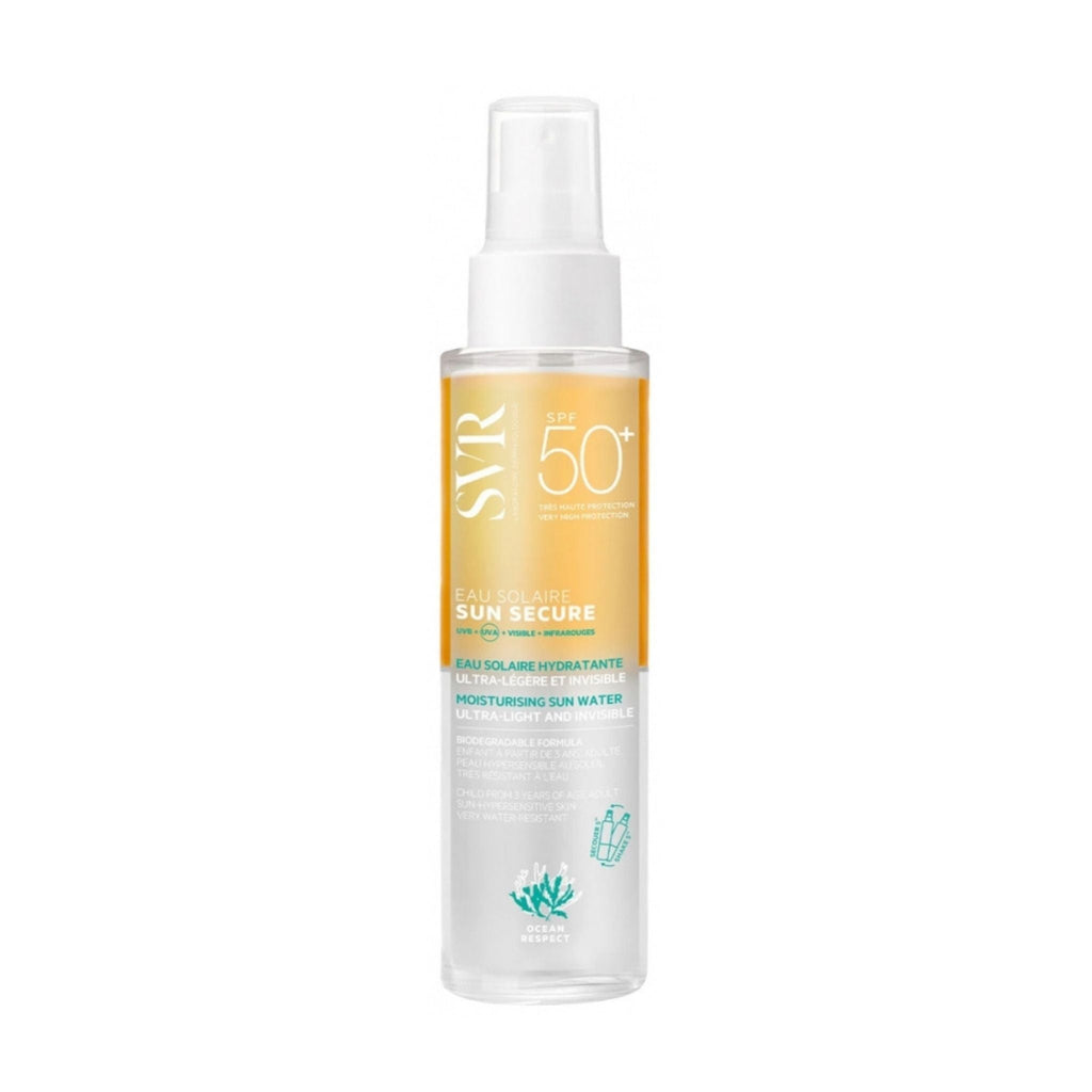 Refect Beauty SVR Sun Secure Eau Solaire SPF 50+ bi-phase sun protection spray bottle for face, body, and hair.
