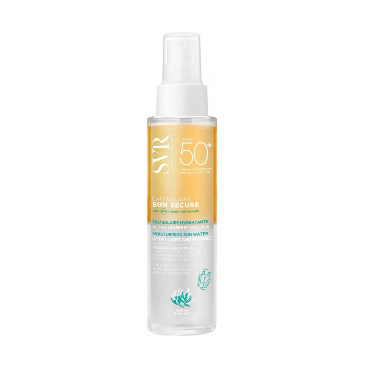 Refect Beauty SVR Sun Secure Eau Solaire SPF 50+ bi-phase sun protection spray bottle for face, body, and hair.