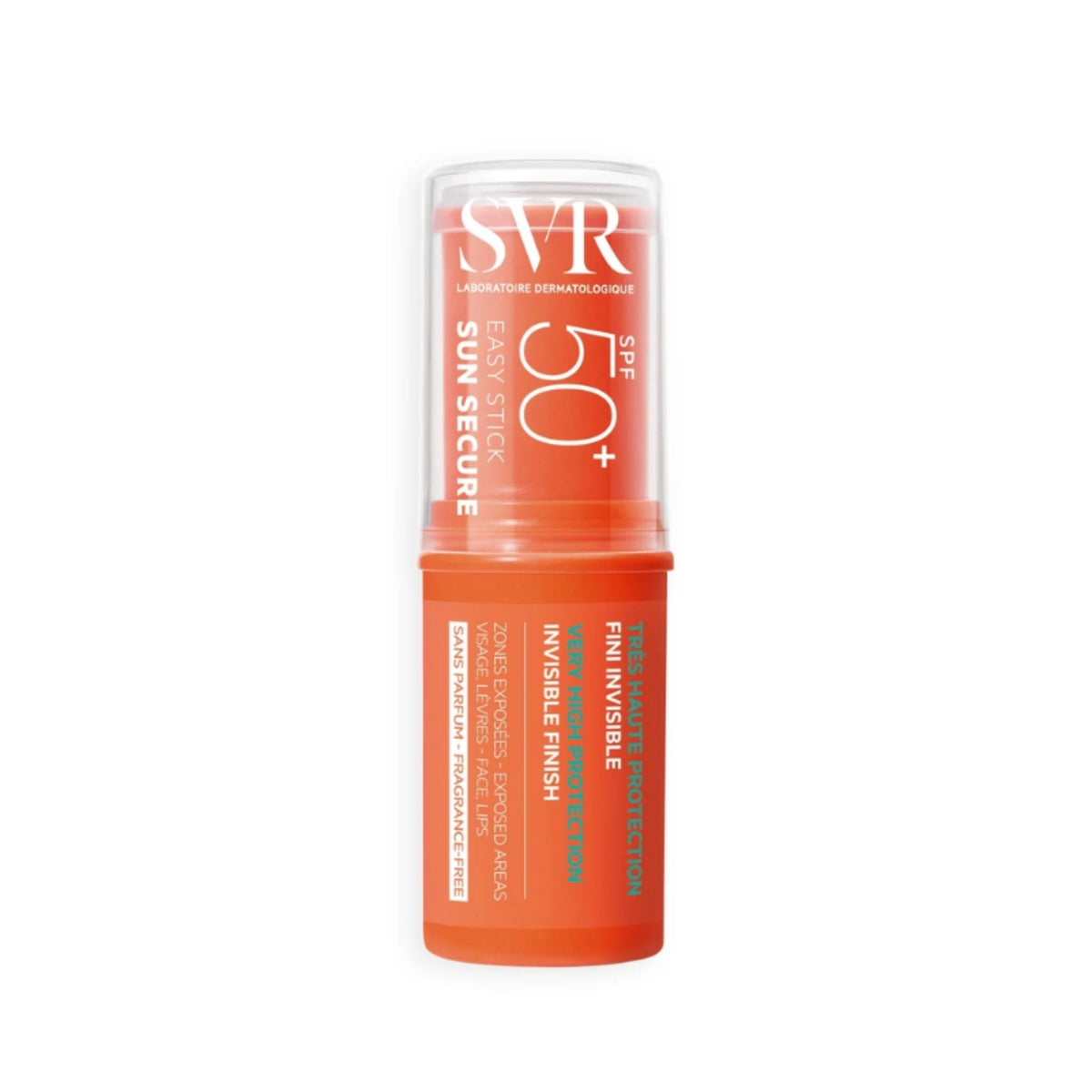 Refect Beauty SVR Sun Secure Easy Stick SPF 50+ sunscreen in a compact orange tube for targeted sun protection.