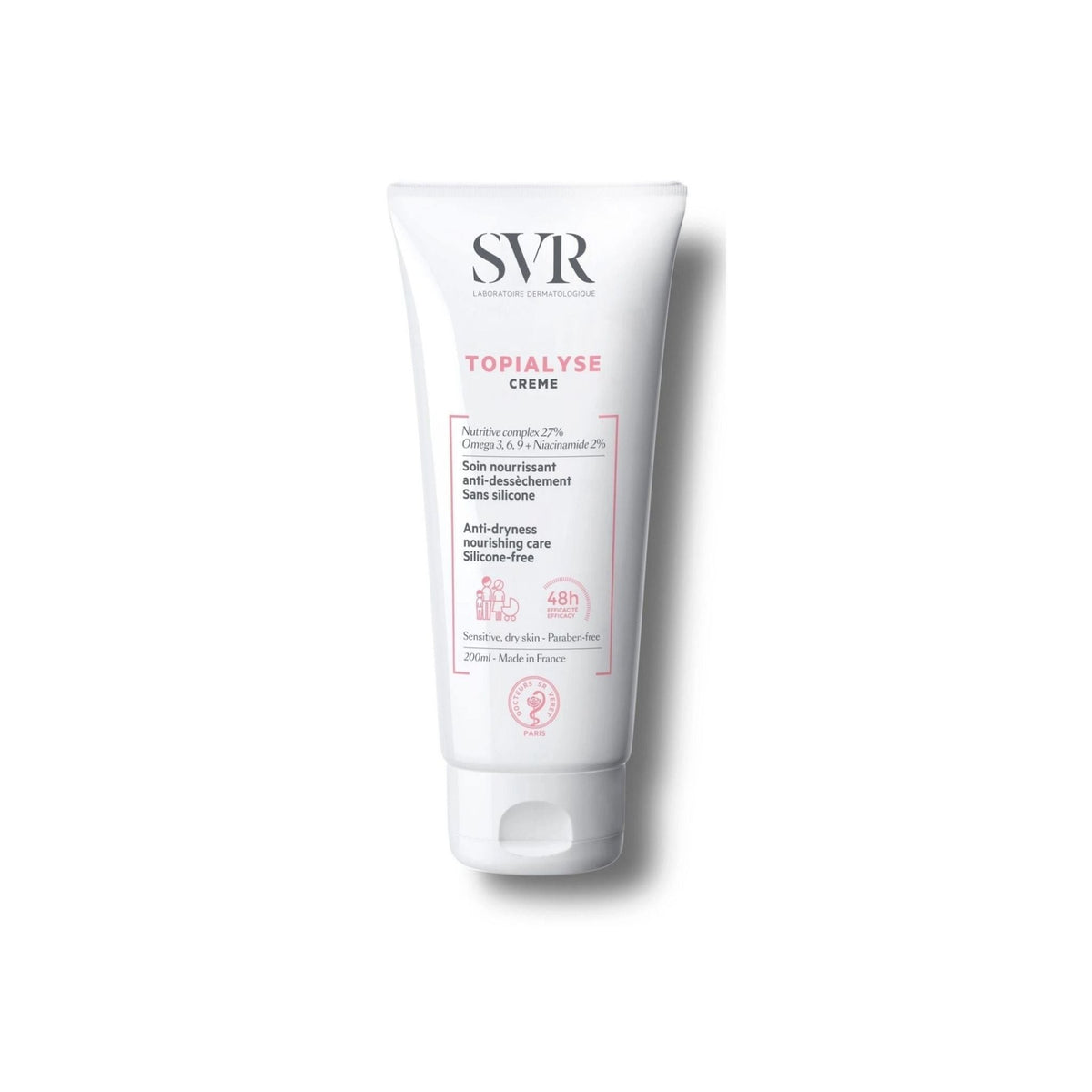 Refect Beauty SVR Topialyse Soothing Nourishing Cream 48H for dry and sensitive skin in a white 200ml tube.