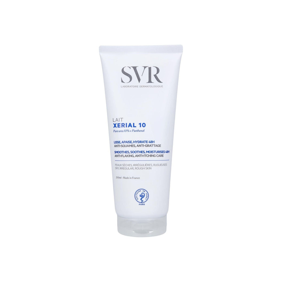 Refect Beauty SVR Xérial 10 body lotion in a white squeeze tube for dry, rough, and flaky skin care.