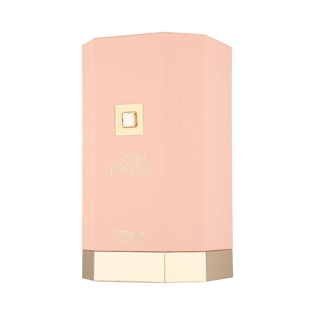 Refect Beauty French Avenue Sweet Paradise perfume bottle in a soft peach hexagonal box with gold base accents.