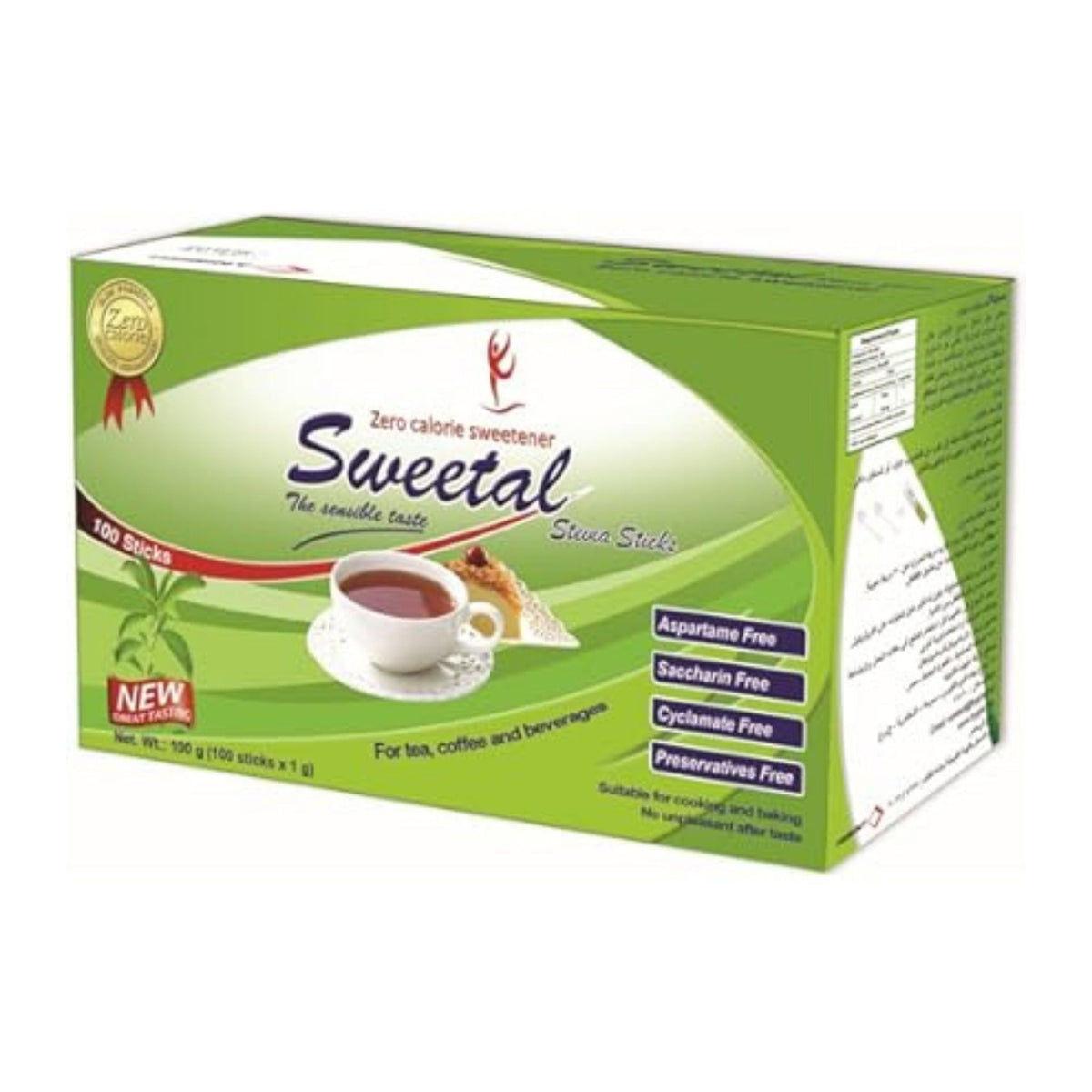 Refect Beauty Sweetal stevia sweetener box containing 100 individual sachets for tea and coffee