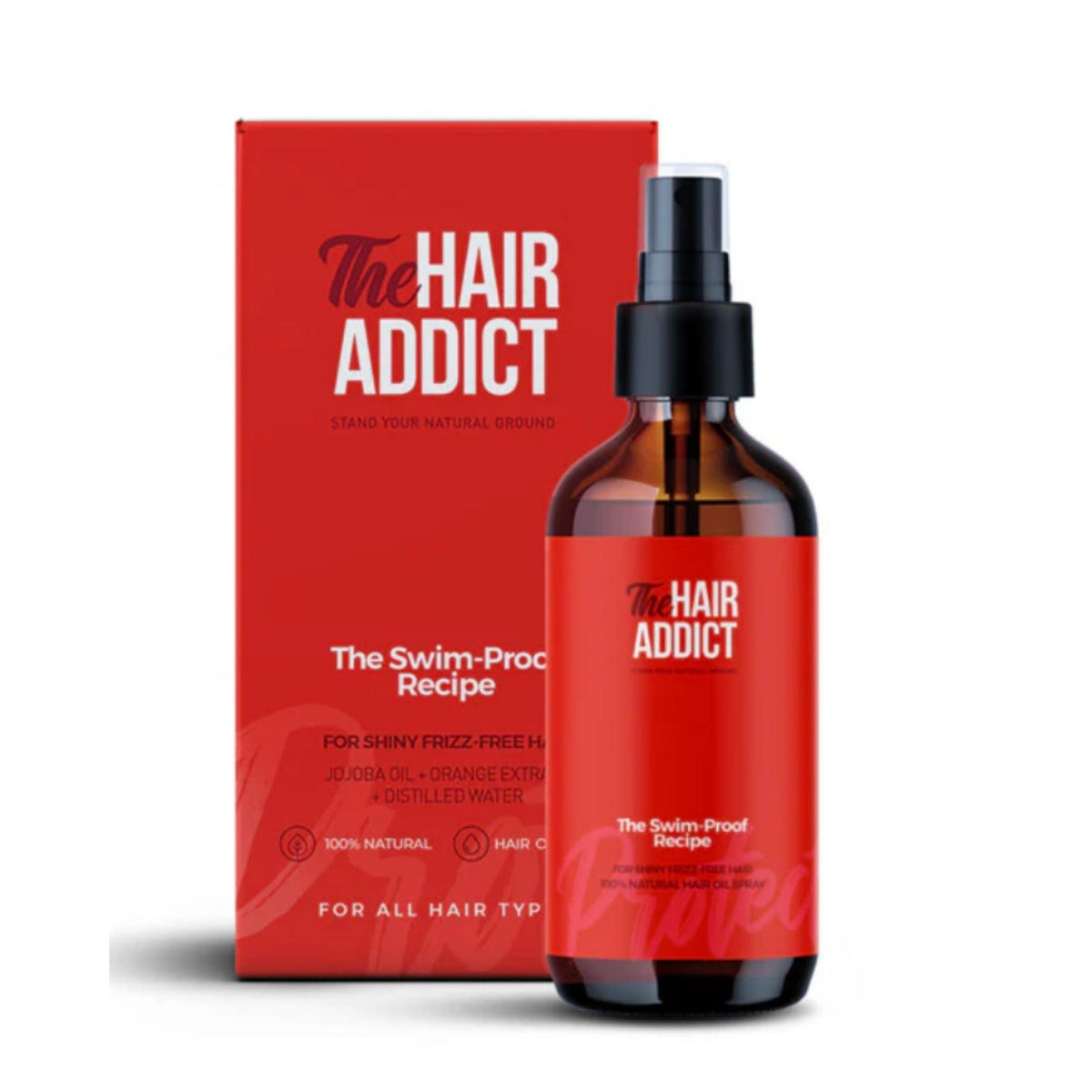 Refect Beauty The Hair Addict Swim Proof Recipe hair protection spray in an amber bottle with a red product box.