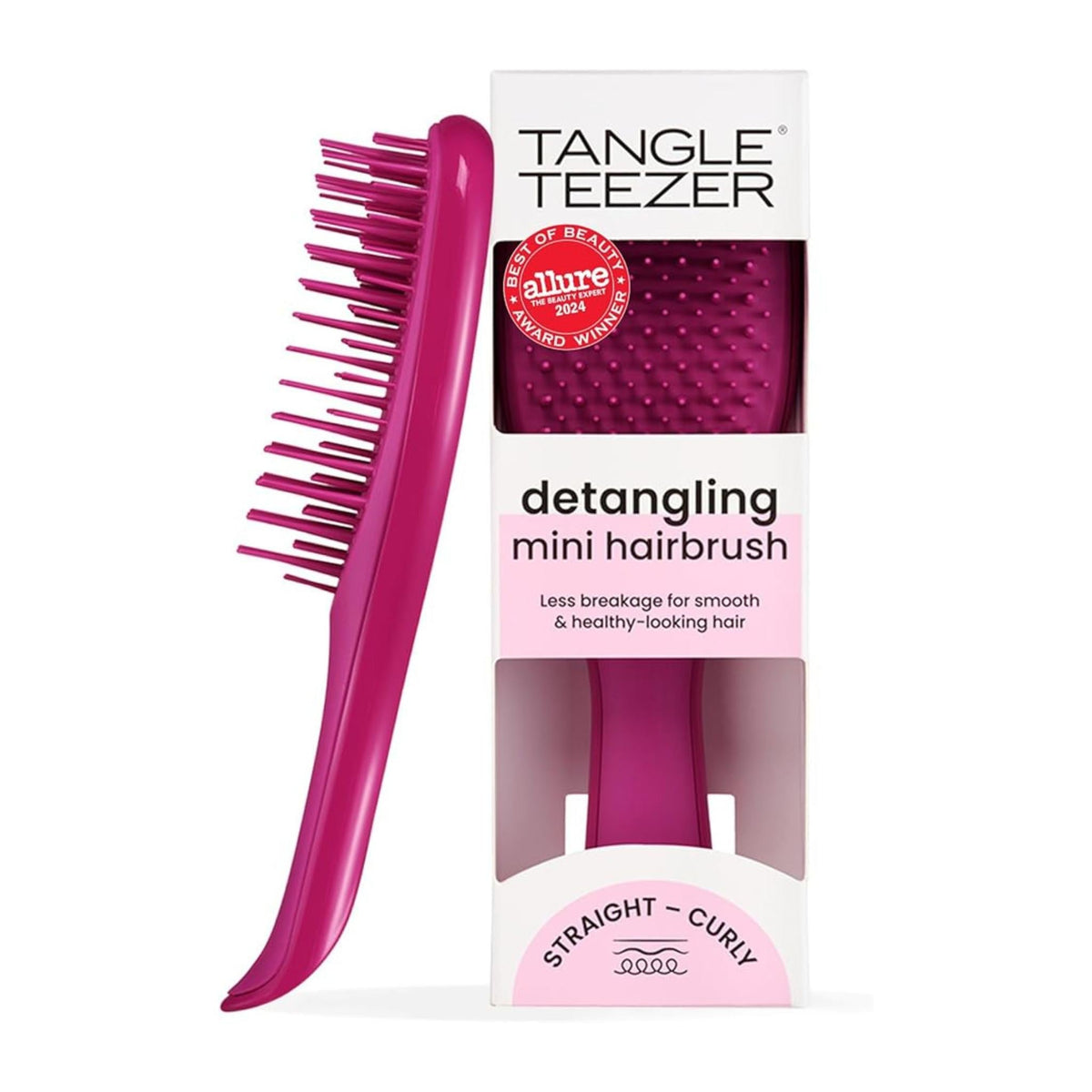 Refect Beauty Tangle Teezer electric raspberry mini detangling hair brush in its retail packaging.
